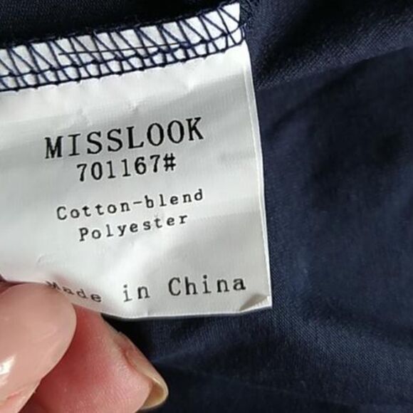 MISSLOOK NAVY BLUE ASYMMETRICAL HEM LONG SLEEVE STRETCHY TRAPEZE TOP LARGE NWOT - Picture 7 of 7